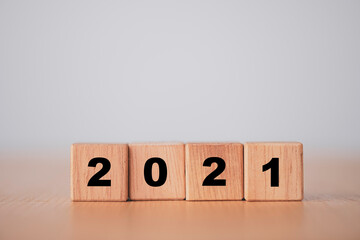 Wooden blocks for change year  2020 to 2021 . New year and holiday concept.