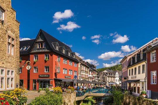 Bad Munstereifel, Germany: View of the Historical Medieval City with the typical Half-timbered Houses and Blue Sky