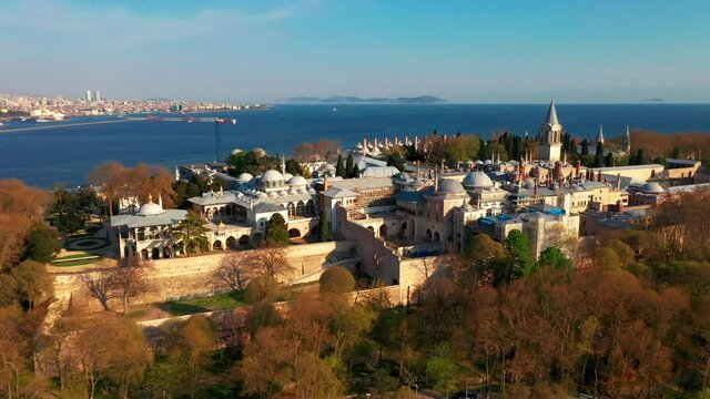 Aerial footage of Topkapi Palace, Istanbul on a sunny day with view of Bosphorus
