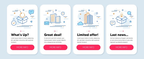 Set of Industrial icons, such as Return package, Buildings, Skyscraper buildings symbols. Mobile screen mockup banners. Get box line icons. Exchange goods, City architecture, Town architecture. Vector