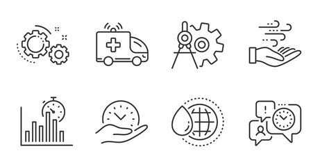 Report timer, Safe time and Wind energy line icons set. Cogwheel dividers, World water and Ambulance car signs. Time management, Gears symbols. Growth chart, Management, Breeze power. Vector