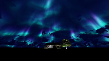 Obraz premium northern lights, Planet Earth, nebula and stars in night sky web banner. Space background. 3D rendering. Tree besides a house