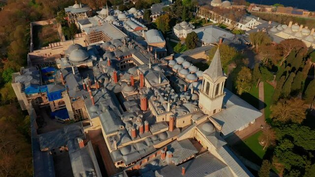 Aerial footage of Topkapi Palace, Istanbul on a sunny day with view of Bosphorus