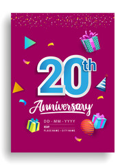 20th Years Anniversary invitation Design, with gift box and balloons, ribbon, Colorful Vector template elements for birthday celebration party.