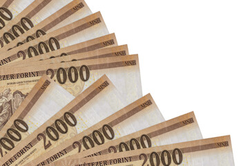 2000 Hungarian forint bills lies isolated on white background with copy space stacked in fan close...