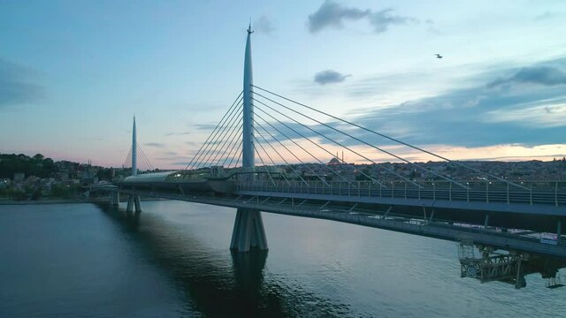 Istanbul, Unkapani subway bridge aerial footage at sunset