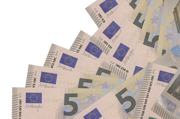 5 euro bills lies in different order isolated on white. Local banking or money making concept