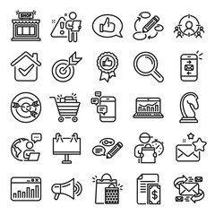 Marketing, research line icons. Set of Strategy target, Feedback, Advertisement campaign icons. Research marketing, Communication and Keywords. Chess Knight, Target, Mail. Business strategy. Vector