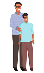 Father and son vector, isolated man with kid wearing glasses flat style characters. Male in simple clothes sweater and trousers, teenager and adult