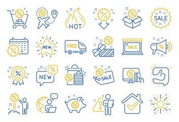Discount line icons. Set of Shopping, Sale and New icons. Free delivery, Flight sale and Black friday discount. Hot offer, Airplane and new store. Online shopping. Black friday clearance. Vector