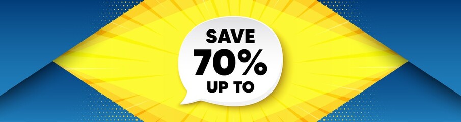Save up to 70%. Background with offer speech bubble. Discount Sale offer price sign. Special offer symbol. Best advertising coupon banner. Discount badge shape message. Vector