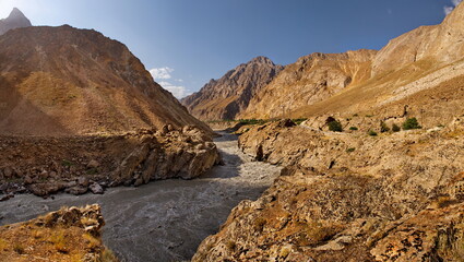 Central Asia. Tajikistan. View from the right Bank of the border river Panj to the left Bank belonging to Afghanistan.