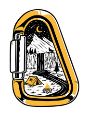 Obraz premium Views of mountains and waterfalls in a carabiner illustration