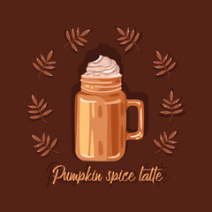 Flat vector illustration of pumpkin spice latte with lettering and surrounded by leaves on dark brown background. Design for cafe menus, invitations, and flyers.