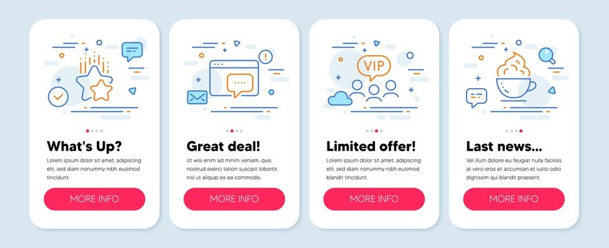 Set of Business icons, such as Seo message, Ranking stars, Vip clients symbols. Mobile screen mockup banners. Coffee cup line icons. Support chat, Winner award, Exclusive privilege. Vector
