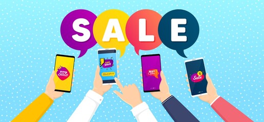 Best offer, Super sale and Flash sale promo label set. Banner with mobile phones in hands. Flyer tag, Discount shape, Lightning bolt. Discount offer. Promotional tag set. Vector