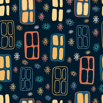Vector seamless pattern of colorful lined doodles of windows in a town