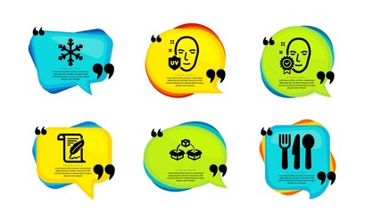 Snowflake, Uv protection and Parcel shipping icons simple set. Speech bubble with quotes. Feather, Face verified and Food signs. Snow, Ultraviolet, Send box. Vector