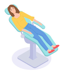 Isometric illustration of dentist consultation. Woman patient have problems with teeth, caries consultation with dentist in examination chair. Concept of medical help and healthcare flat vector