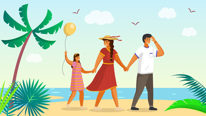 Obraz na płótnie Canvas Man in white t-shirt, woman in red dress and wide-brimmed hat leads the girl s hand with balloon. Sunny beach, palms, exotic plants, sand, sea, seagulls. Tropic resort. Family spends time together