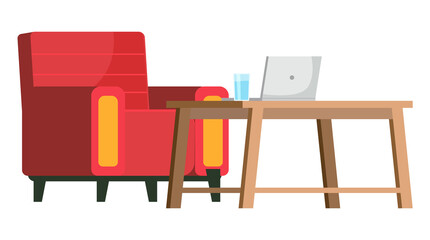 Workplace in office. Cabinet with creative workspace. Furniture and equipment for the workplace of an employee or office worker. Modern open space interior, empty contemporary co working center