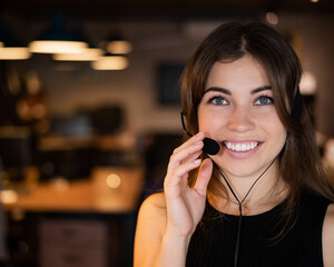 Portrait of a beautiful smiling woman call center operator with a headset at the desk