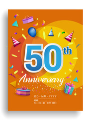 50th Years Anniversary invitation Design, with gift box and balloons, ribbon, Colorful Vector template elements for birthday celebration party.