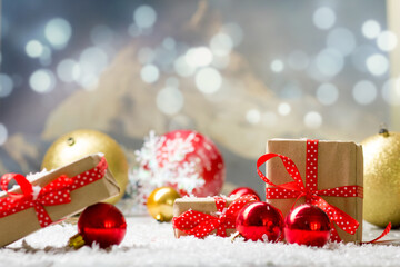 Christmas decoration background. Christmas tree and holidays ornament. Copy space