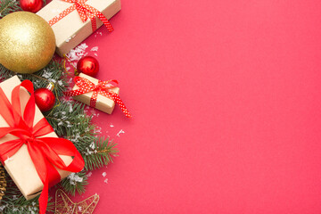 Christmas decoration background. Christmas tree and holidays ornament. Copy space