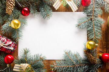 Naklejka na ściany i meble Christmas decoration background. Christmas tree and holidays ornament. Copy space