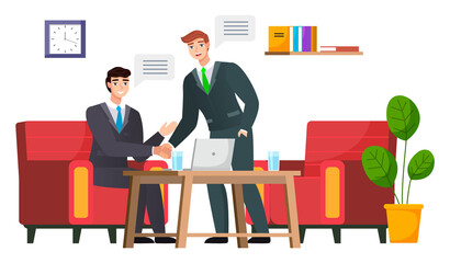 Business propasal for partner. Man make agreement deal handshake. Hiring interview. Colleagues discuss project. Teamwork idea. Accepting proposals for investment in finance and exchanging ideas