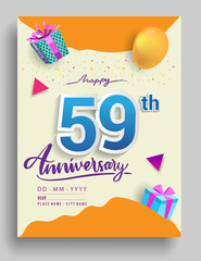 59th Years Anniversary invitation Design, with gift box and balloons, ribbon, Colorful Vector template elements for birthday celebration party.