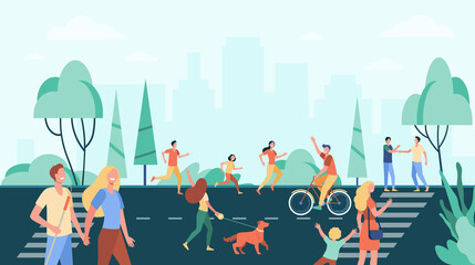 Crowd of people practicing activities and enjoying leisure on street near city park. Man, woman, kind walking dog, cycling, jogging. Vector illustration for active lifestyle, sport, town concept © PCH.Vector