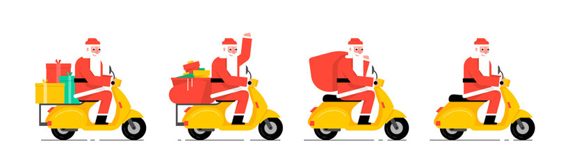 Santa Claus driving scooter. Flat Style. isolated on white background