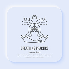 Breathing practice: young girl in lotus pose in thin line style. Exhale and inhale. Meditation symbol, inner balance, yoga school. Vector illustration.