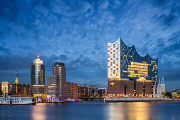 Night skyline of Hamburg, Germany with Elbphilharmonie - 385070747