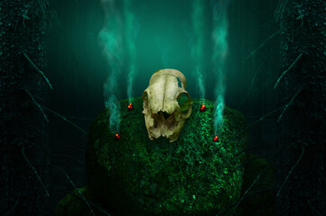 Skull and embers smolder smoke on mossy rock in dark blue mysterious forest. Shamanic pagan witch ritual. Halloween background