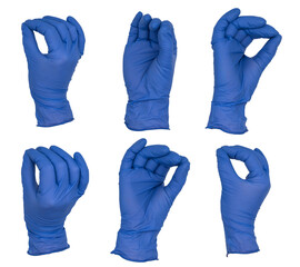 Hand wearing blue nitrile examination glove makes pinch gesture, with fingers pressed together. Various angles - obrazy, fototapety, plakaty