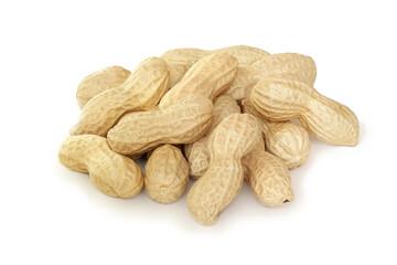 Heap of peanuts in beans isolated on the white.