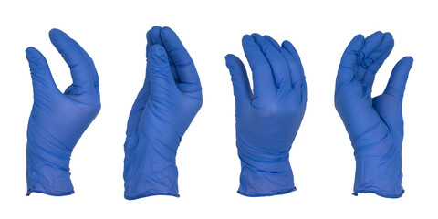 Hand wearing blue nitrile examination glove holding small invisible object, various views