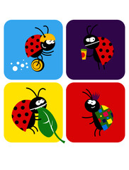 Social life of beetles. Comic characters of insects in different situations. Vector image for illustrations.