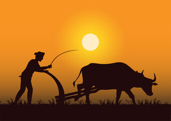 stock vector silhouette farmer plowing cow in the field graphic illustration