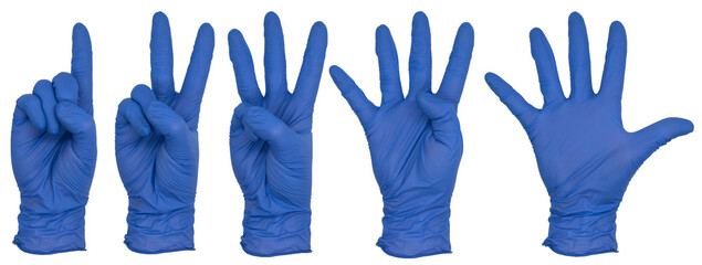 Hand wearing blue nitrile examination glove. Various isolated views of the front of a woman's hand, using fingers to count from 1 to 5