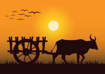 stock vector silhouette cattle pull a wooden cart graphic object illustration