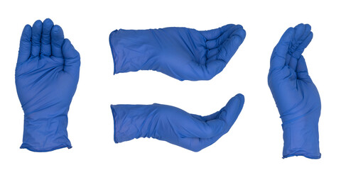 Hand wearing blue nitrile examination glove in cupped shape, various views