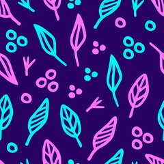 Fototapeta na wymiar Bright vector seamless pattern. Turquoise, pink leaves, dots on a dark blue background. For prints of fabric, textile products, clothing.