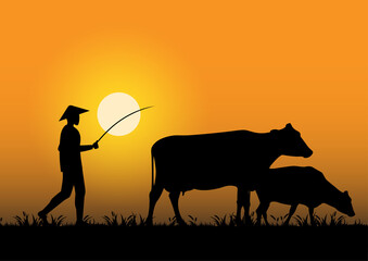 Fototapeta na wymiar stock vector silhouette farmer herd cow in the grassland graphic illustration