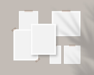Mood board mockup template. Empty sheets of white paper on the wall with shadow overlay. Mockup vector isolated. Template design. Realistic vector illustration.