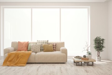 White living room with sofa. Scandinavian interior design. 3D illustration