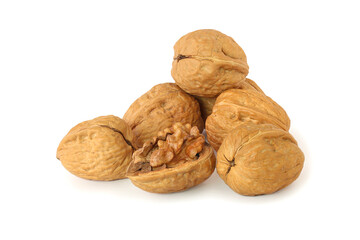 Several whole walnuts and uncovered walnut isolated on the white